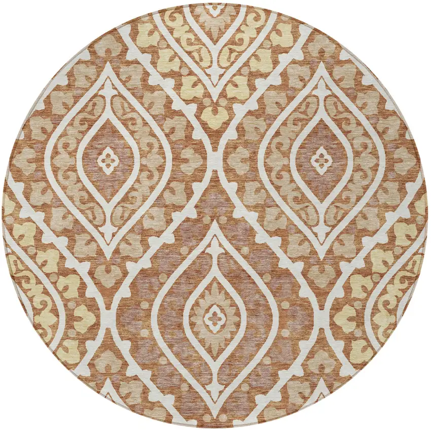8' Orange Gold And Ivory Round Floral Washable Indoor Outdoor Area Rug Photo 6