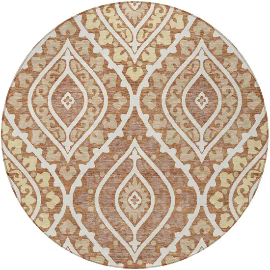 8' Orange Gold And Ivory Round Floral Washable Indoor Outdoor Area Rug Photo 6