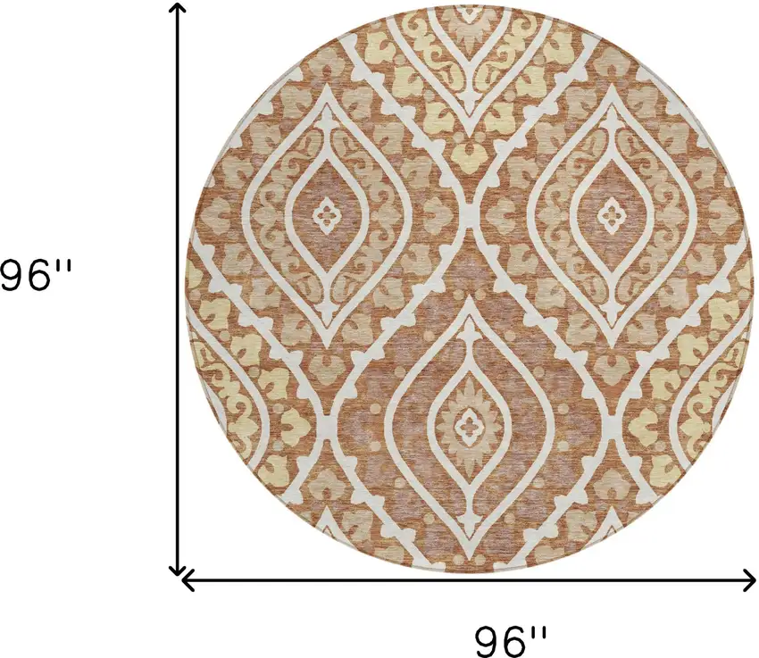 8' Orange Gold And Ivory Round Floral Washable Indoor Outdoor Area Rug Photo 9