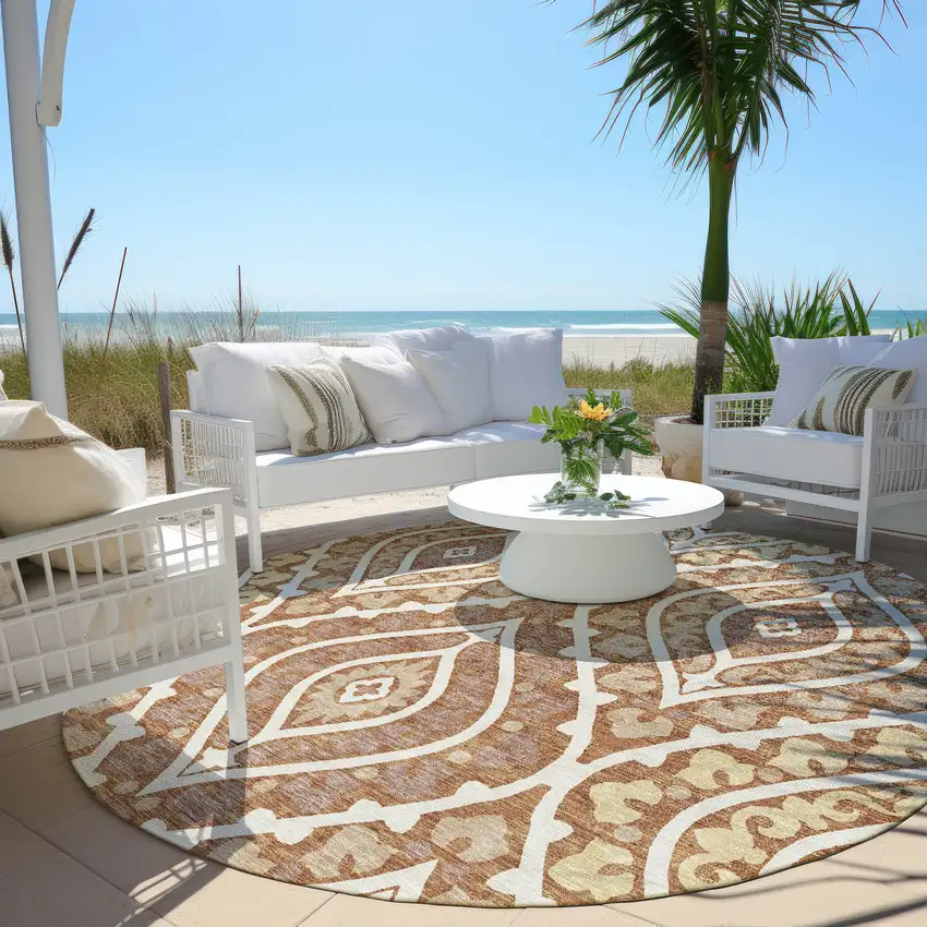 8' Orange Gold And Ivory Round Floral Washable Indoor Outdoor Area Rug Photo 7