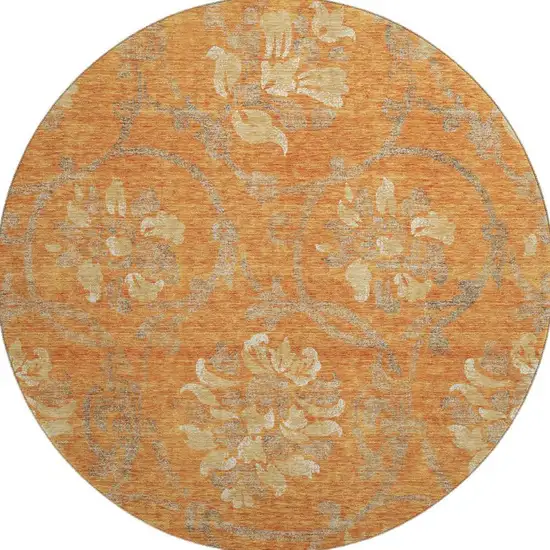 8' Orange Gray And Beige Floral Washable Round Rug With UV Protection Photo 4