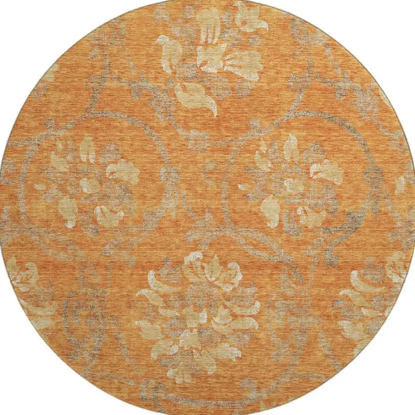 8' Orange Gray And Beige Floral Washable Round Rug With UV Protection Photo 4