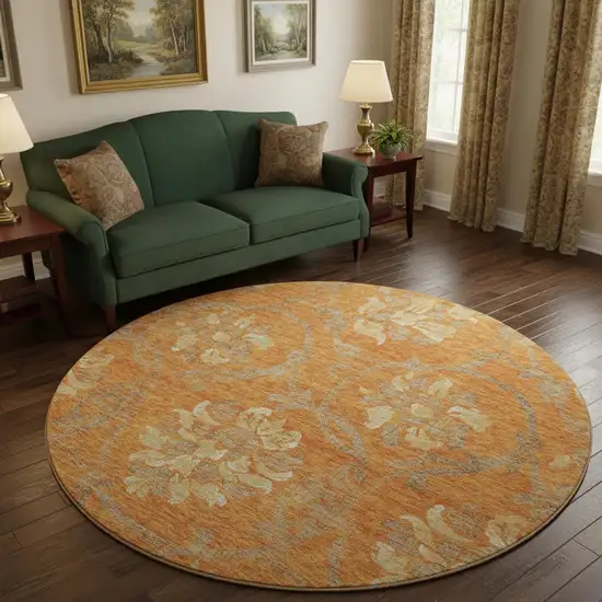 8' Orange Gray And Beige Floral Washable Round Rug With UV Protection Photo 2