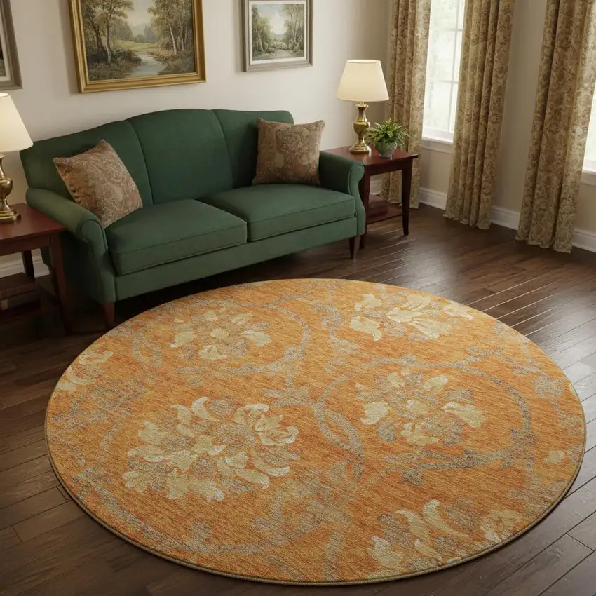 8' Orange Gray And Beige Floral Washable Round Rug With UV Protection Photo 2
