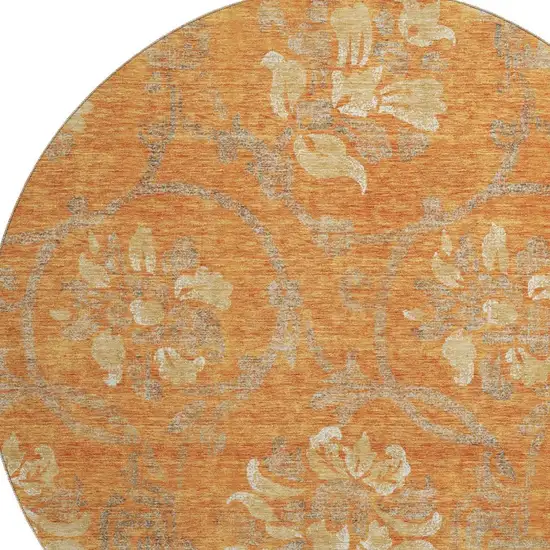8' Orange Gray And Beige Floral Washable Round Rug With UV Protection Photo 3