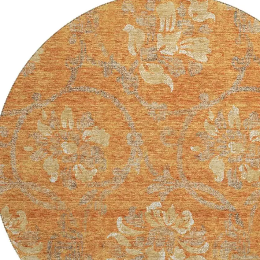 8' Orange Gray And Beige Floral Washable Round Rug With UV Protection Photo 3