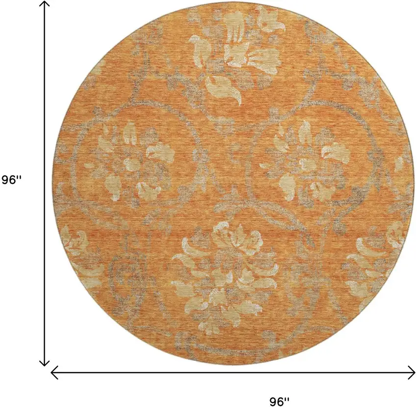 8' Orange Gray And Beige Floral Washable Round Rug With UV Protection Photo 3