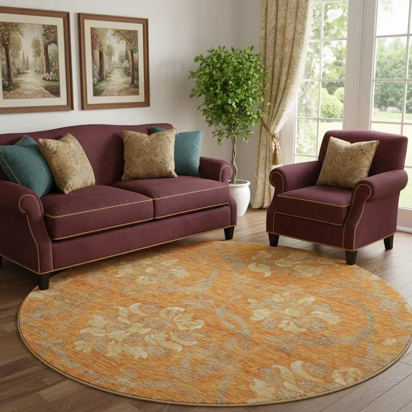 8' Orange Gray And Beige Floral Washable Round Rug With UV Protection Photo 1