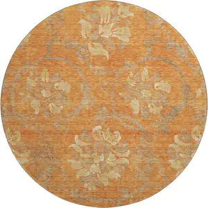 Photo of 8' Orange Gray And Beige Floral Washable Round Rug With UV Protection