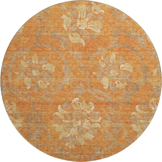 8' Orange Gray And Beige Floral Washable Round Rug With UV Protection Photo 1