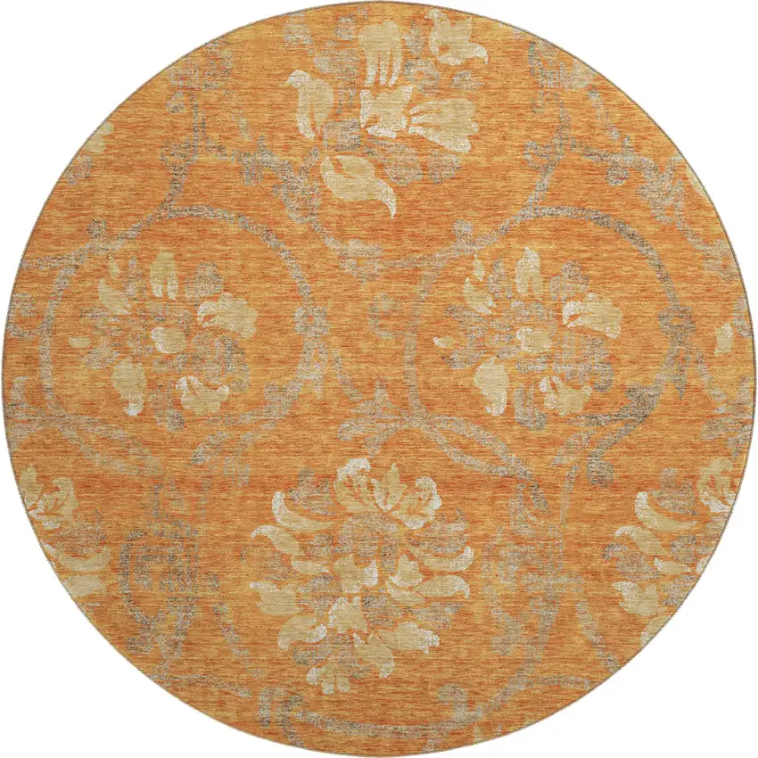 8' Orange Gray And Beige Floral Washable Round Rug With UV Protection Photo 1