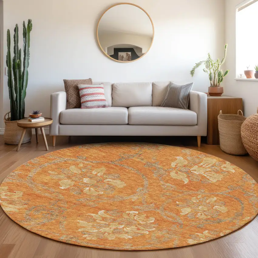 8' Orange Gray And Beige Round Floral Washable Indoor Outdoor Area Rug Photo 7