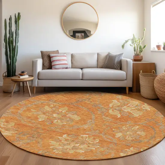 8' Orange Gray And Beige Round Floral Washable Indoor Outdoor Area Rug Photo 7