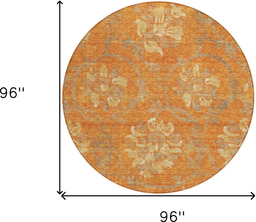 8' Orange Gray And Beige Round Floral Washable Indoor Outdoor Area Rug Photo 8