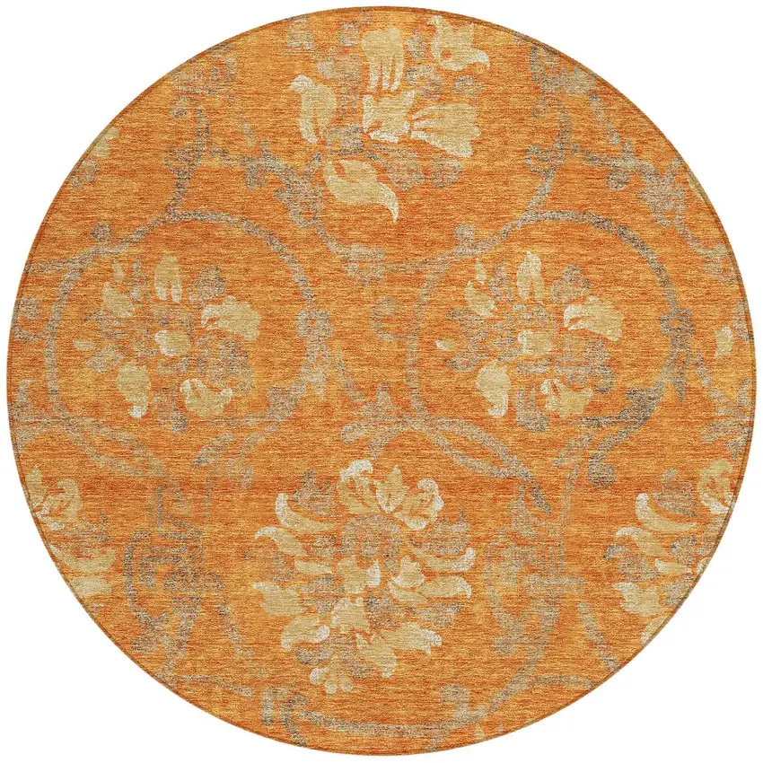 8' Orange Gray And Beige Round Floral Washable Indoor Outdoor Area Rug Photo 4