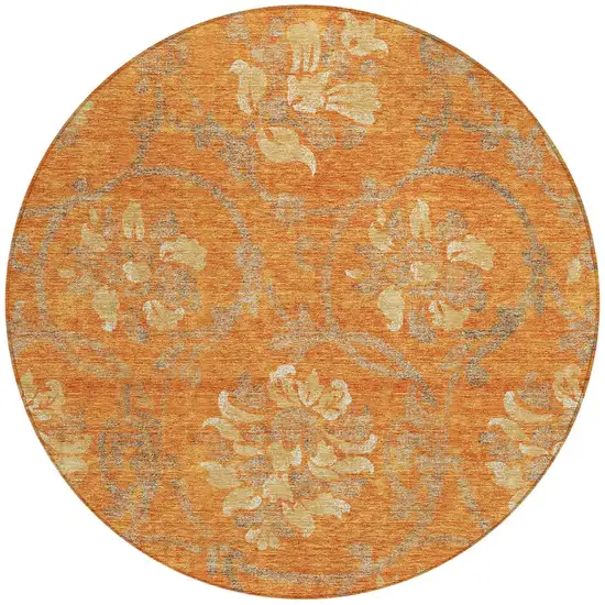 8' Orange Gray And Beige Round Floral Washable Indoor Outdoor Area Rug Photo 4