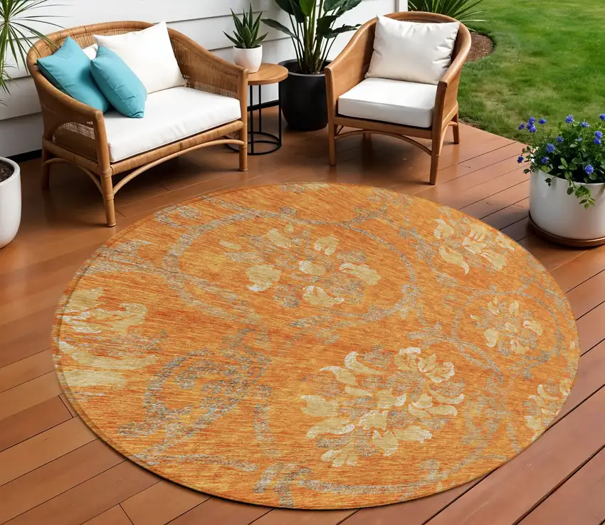 8' Orange Gray And Beige Round Floral Washable Indoor Outdoor Area Rug Photo 1