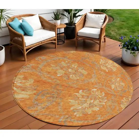 8' Orange Gray And Beige Round Floral Washable Indoor Outdoor Area Rug Photo 1