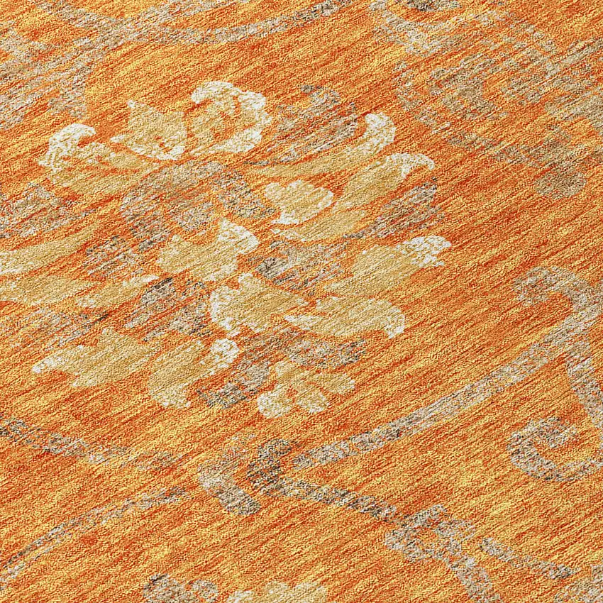 8' Orange Gray And Beige Round Floral Washable Indoor Outdoor Area Rug Photo 9