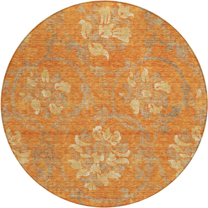 8' Orange Gray And Beige Round Floral Washable Indoor Outdoor Area Rug Photo 1