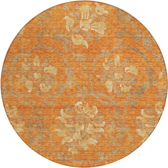 8' Orange Gray And Beige Round Floral Washable Indoor Outdoor Area Rug Photo 1