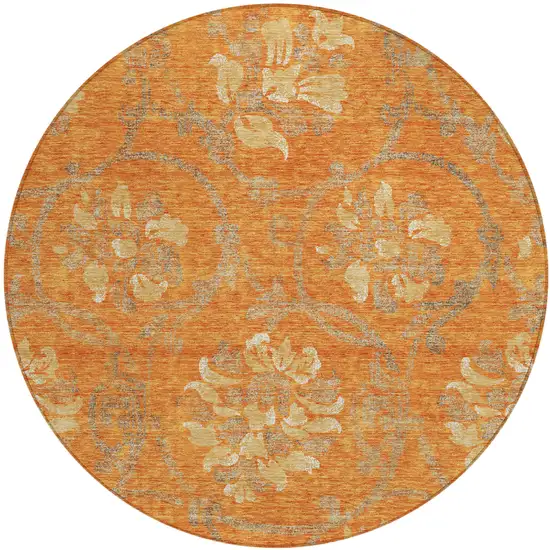 8' Orange Gray And Beige Round Floral Washable Indoor Outdoor Area Rug Photo 1