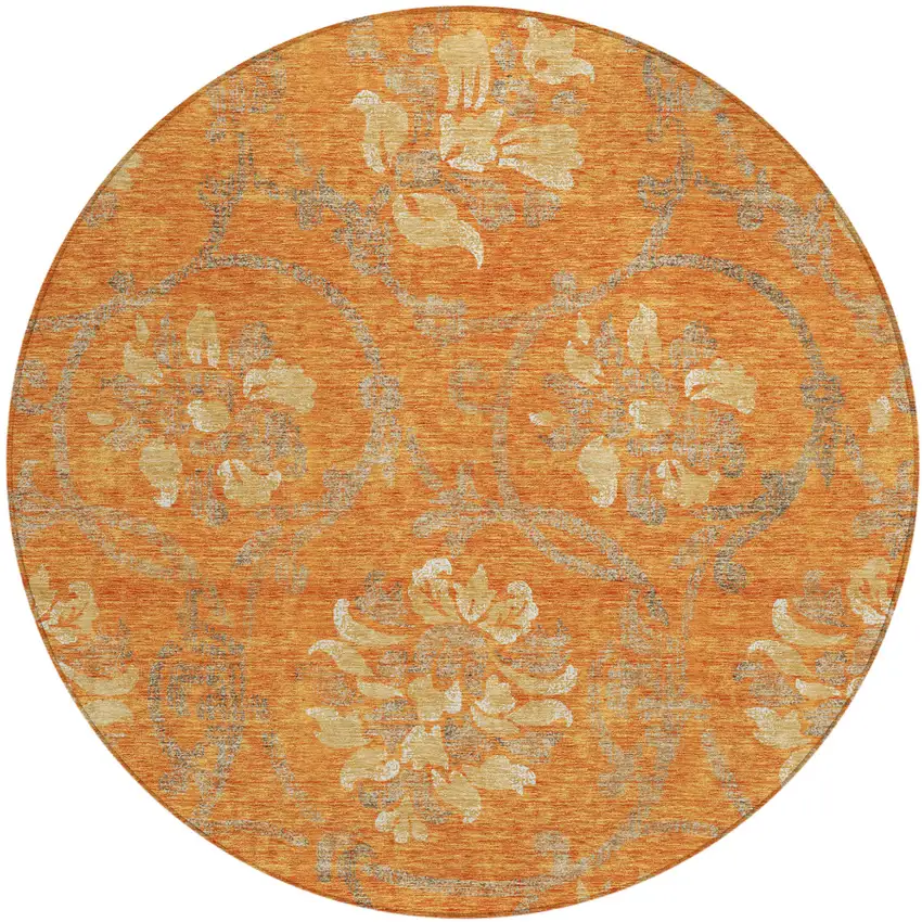 8' Orange Gray And Beige Round Floral Washable Indoor Outdoor Area Rug Photo 1