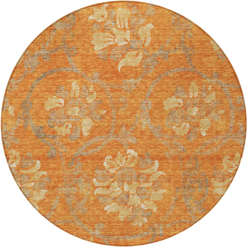 8' Orange Gray And Beige Round Floral Washable Indoor Outdoor Area Rug Photo 5