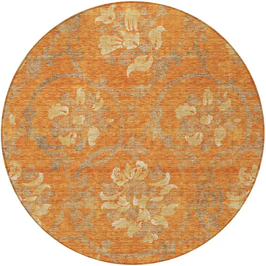 8' Orange Gray And Beige Round Floral Washable Indoor Outdoor Area Rug Photo 5