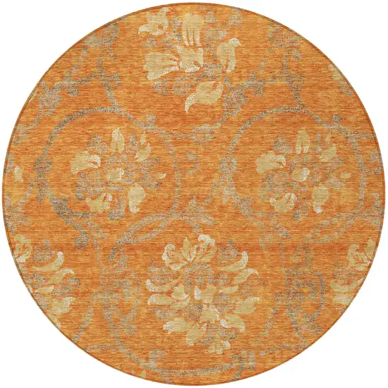8' Orange Gray And Beige Round Floral Washable Indoor Outdoor Area Rug Photo 5
