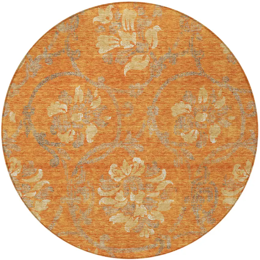 8' Orange Gray And Beige Round Floral Washable Indoor Outdoor Area Rug Photo 5