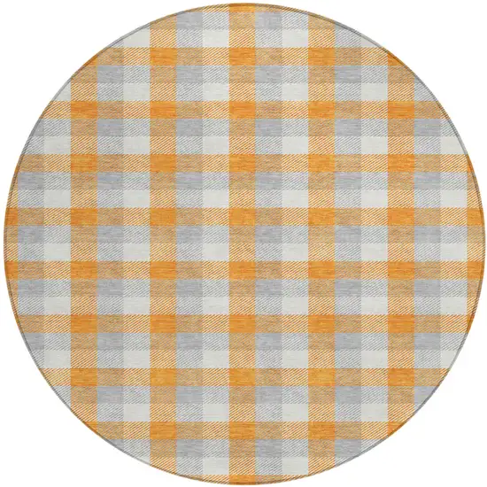 8' Orange Gray And Beige Round Plaid Washable Indoor Outdoor Area Rug Photo 2