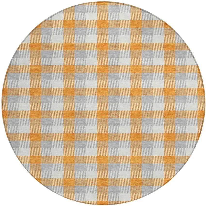 8' Orange Gray And Beige Round Plaid Washable Indoor Outdoor Area Rug Photo 2
