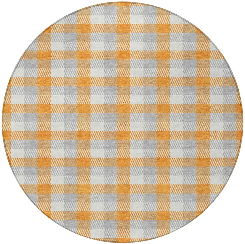 8' Orange Gray And Beige Round Plaid Washable Indoor Outdoor Area Rug Photo 6