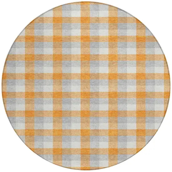 8' Orange Gray And Beige Round Plaid Washable Indoor Outdoor Area Rug Photo 5