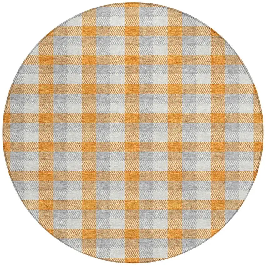 8' Orange Gray And Beige Round Plaid Washable Indoor Outdoor Area Rug Photo 5