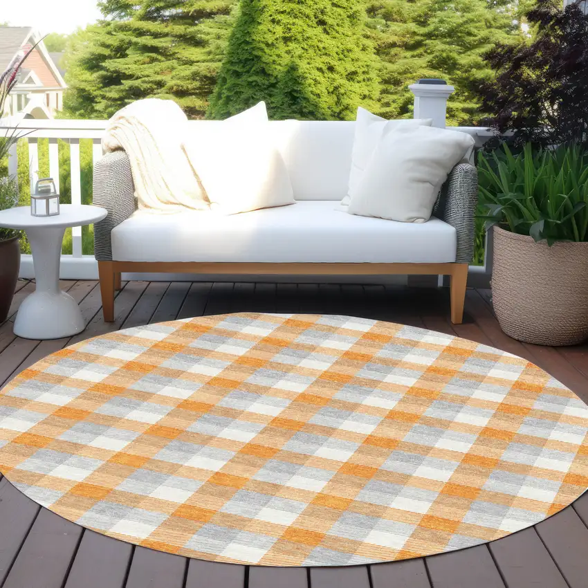 8' Orange Gray And Beige Round Plaid Washable Indoor Outdoor Area Rug Photo 7