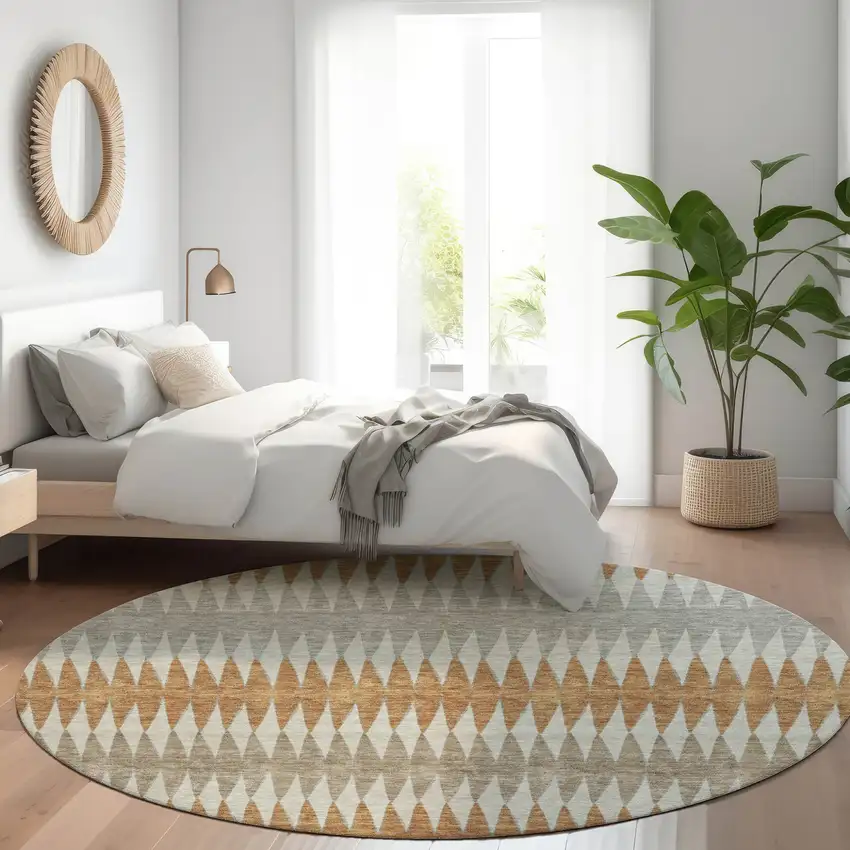 8' Orange Gray And Beige Round Striped Washable Indoor Outdoor Area Rug Photo 8