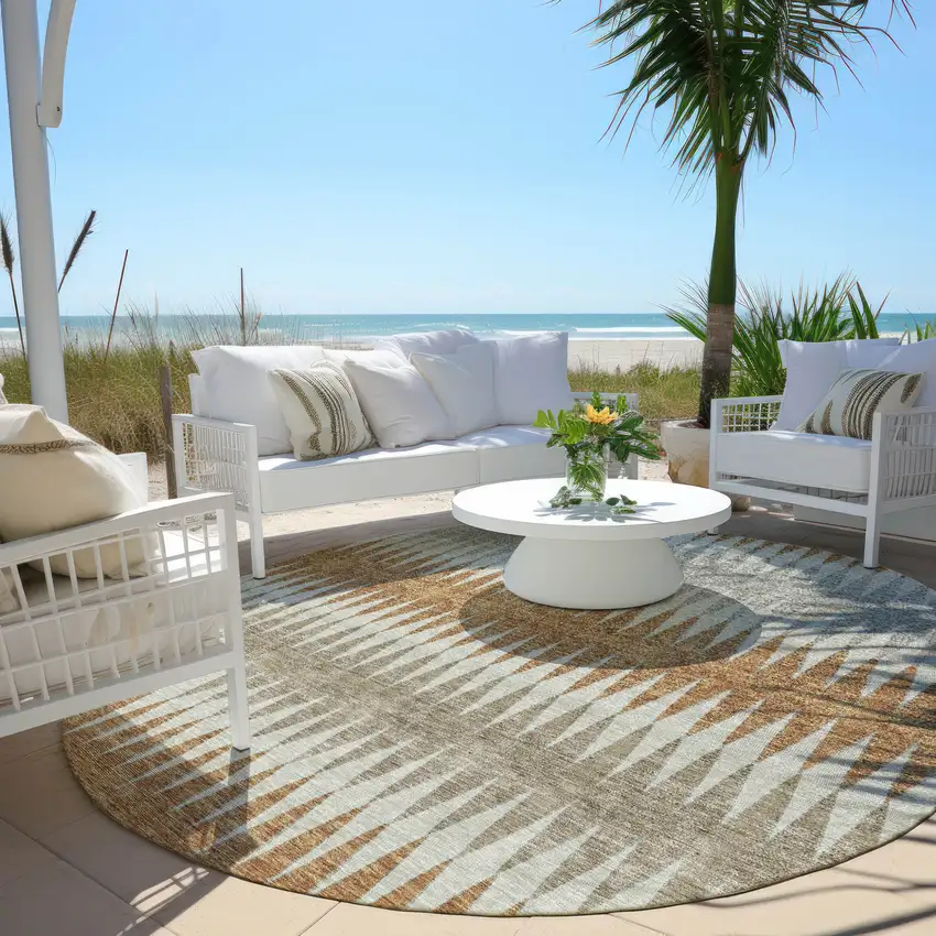 8' Orange Gray And Beige Round Striped Washable Indoor Outdoor Area Rug Photo 7