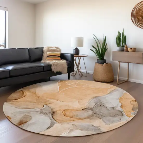 8' Orange Gray And Ivory Abstract Washable Round Rug With UV Protection Photo 5