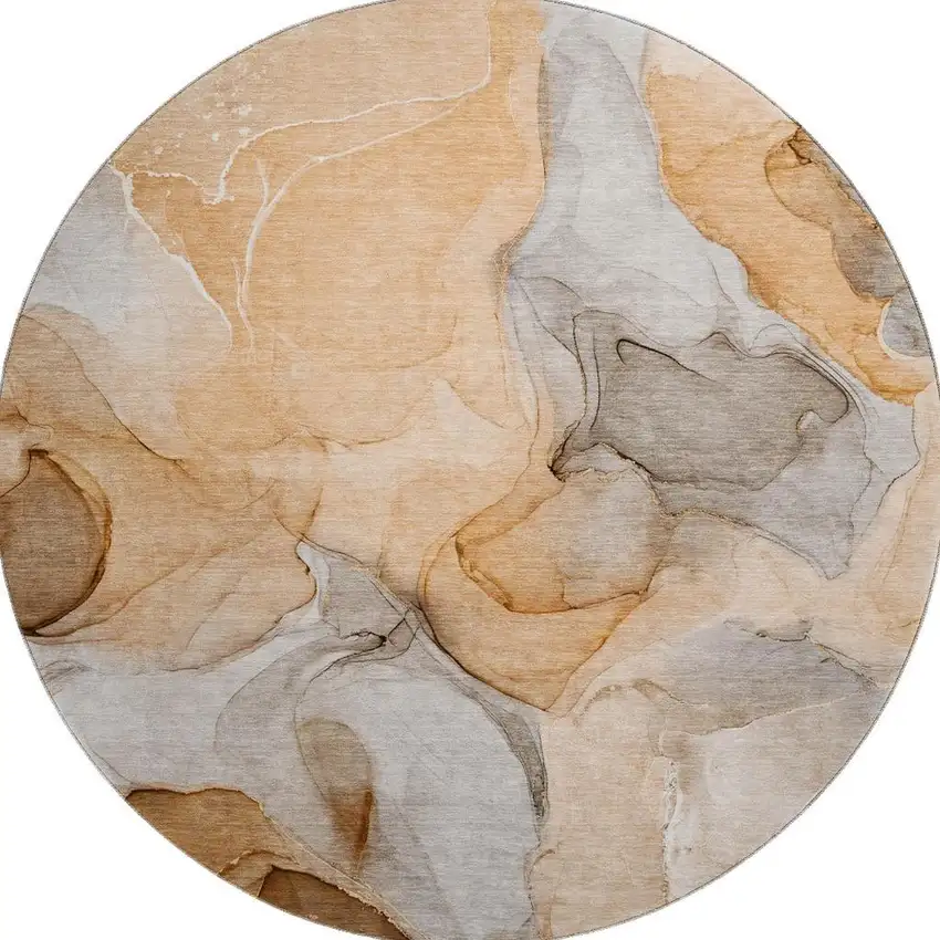 8' Orange Gray And Ivory Abstract Washable Round Rug With UV Protection Photo 4