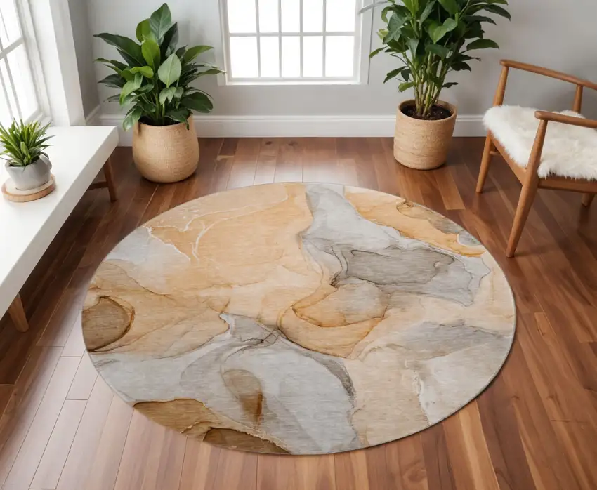 8' Orange Gray And Ivory Abstract Washable Round Rug With UV Protection Photo 2
