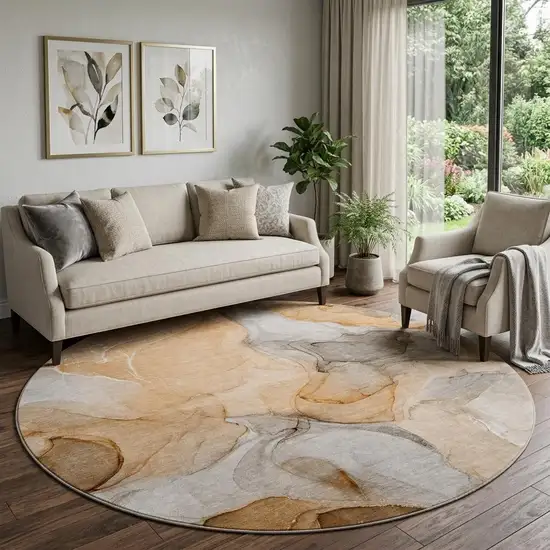 8' Orange Gray And Ivory Abstract Washable Round Rug With UV Protection Photo 1