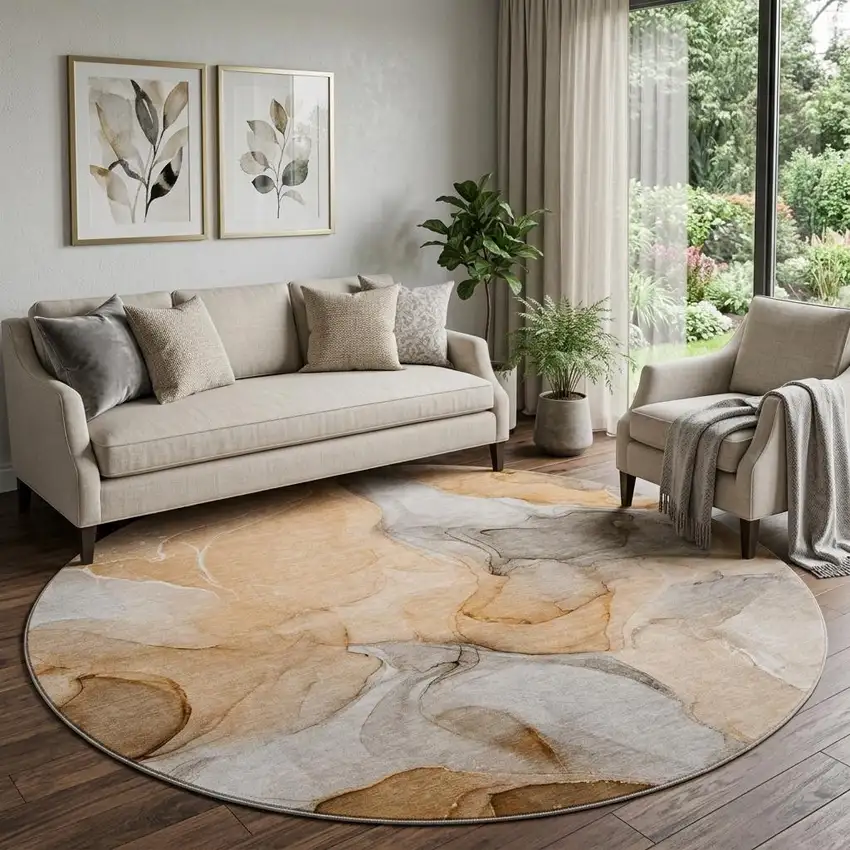 8' Orange Gray And Ivory Abstract Washable Round Rug With UV Protection Photo 1