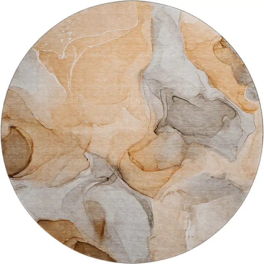 8' Orange Gray And Ivory Abstract Washable Round Rug With UV Protection Photo 1