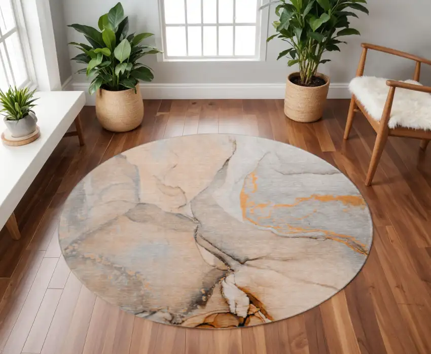 8' Orange Gray And Ivory Abstract Washable Round Rug With UV Protection Photo 2