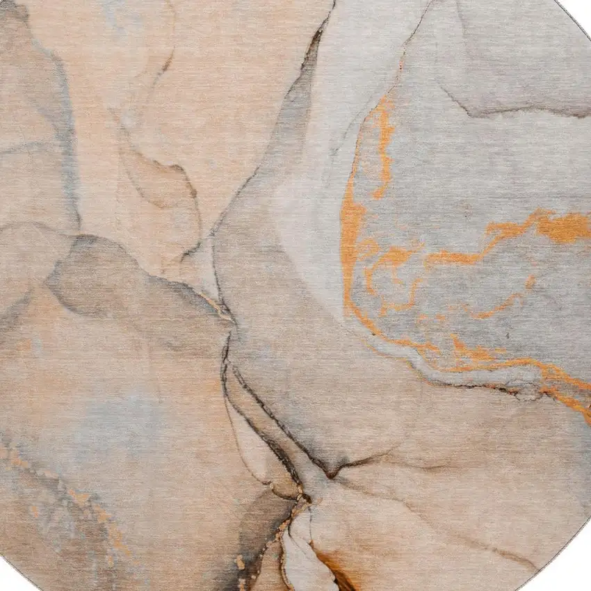 8' Orange Gray And Ivory Abstract Washable Round Rug With UV Protection Photo 3