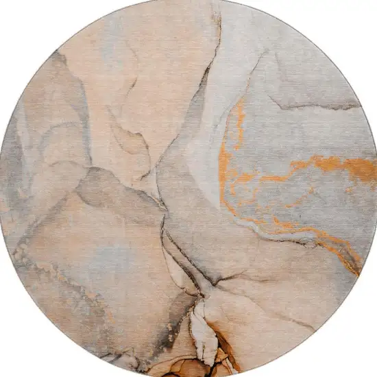 8' Orange Gray And Ivory Abstract Washable Round Rug With UV Protection Photo 4
