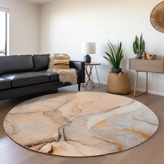 8' Orange Gray And Ivory Abstract Washable Round Rug With UV Protection Photo 5