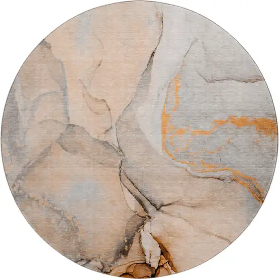 8' Orange Gray And Ivory Abstract Washable Round Rug With UV Protection Photo 1